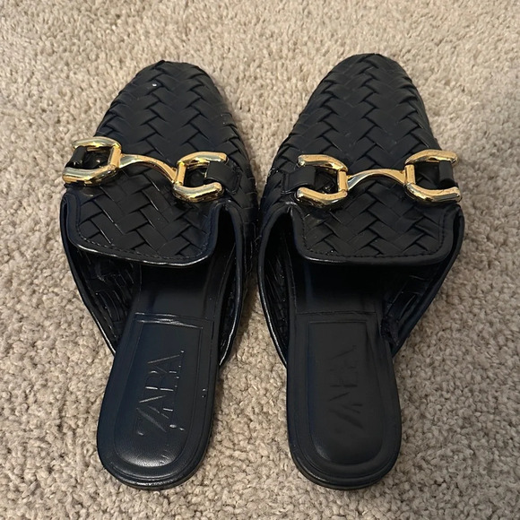 Zara Black Woven Mules with Gold Buckle - Picture 3 of 3